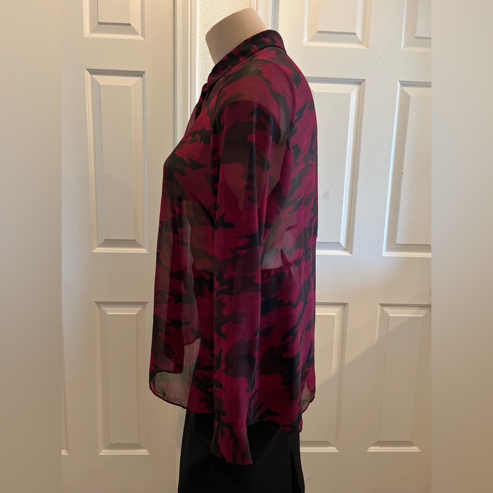 ***S O L D*** Sheer Burgundy & Black Animal Print Button Down Blouse. - Picture 2 of 7